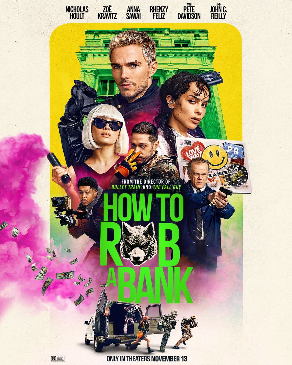 How To Rob A Bank vertical November key art, featuring the cast, green title and pink smoke